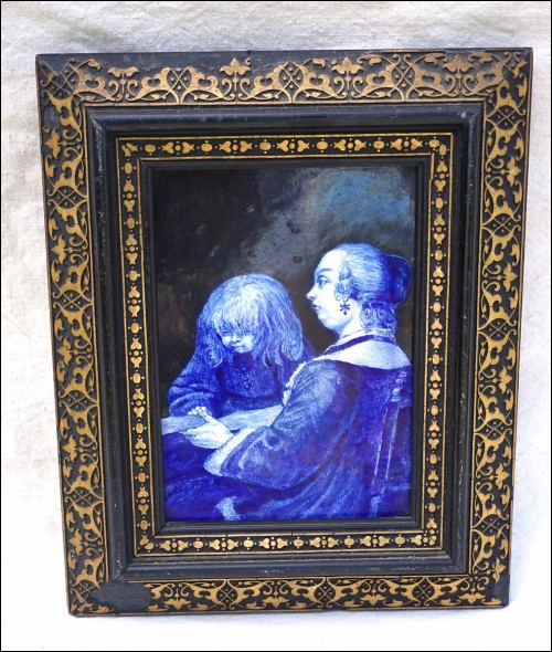 The Reading Lesson Hand Painted Framed Tile DELFT / Lille 19th C