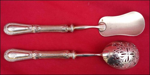 CHRISTOFLE Gold Silverplate Pair Serving Appetizer Cocktail Spoon Spade Mono