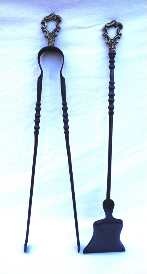 Fireplace Tools Set Shovel Tong Rought Iron Brass Handle Late 19th C