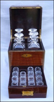 Victorian Liquor Cabinet Tantalus 4 Decanters Rosewood Brass Inlay Crystal Mono HP 19th C