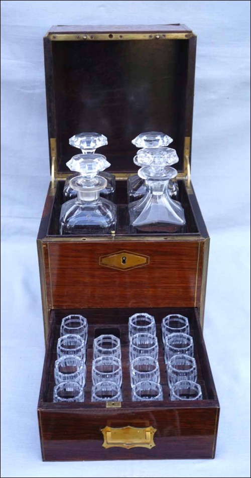 Victorian Liquor Cabinet Tantalus 4 Decanters Rosewood Brass Inlay Crystal Mono HP 19th C