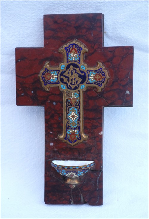 Holy Water Font Bronze Cloisonne Crucifix Red Marble Late 19th C