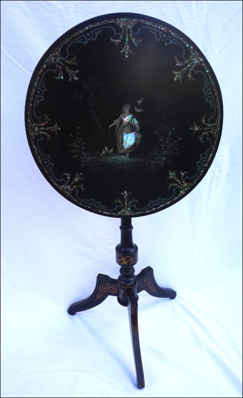 Victorian Mother Pearl Paper Mache Tilt Top Pedestal Table 19th C