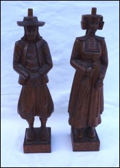 Couple of Breton Quimper Hand Wood Carved Figures Brittany 1950's