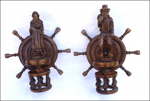 Couple of Breton Statue Figure Sconce Wall Light Pair Quimper Carved Wood Vintage