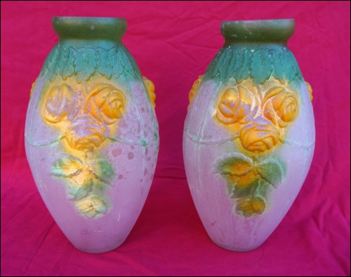 Art Deco Pressed Painted Satined Glass Pair Vases Espaivet SPV Paris 1930
