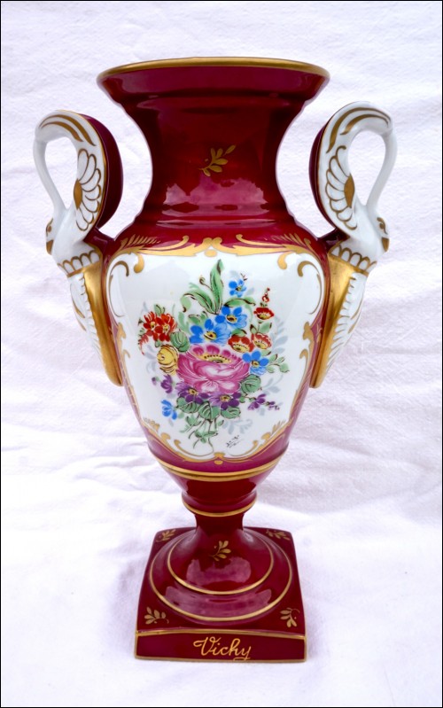 Sevres Style Hand Porcelain Vase Ruby Gold Flowers Swan Handles