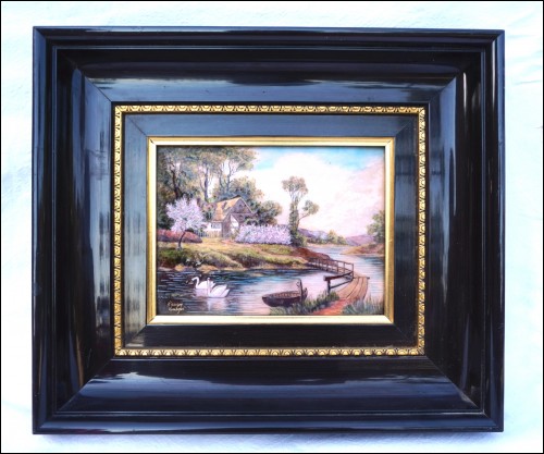 LIMOGES Cottage on the Riverside Swan P Derigon Framed Enamel Painting Signed