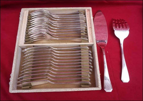 CHRISTOFLE America Luc Lanel 12pl Fish Knives Forks + Serving Art Deco
