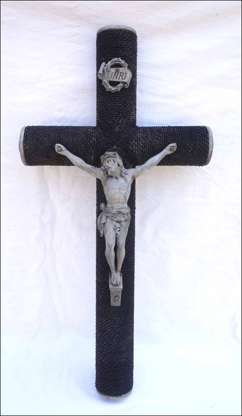 Chapel Cemetery Christ Crucifix Cross Black Glass Bead Zinc
