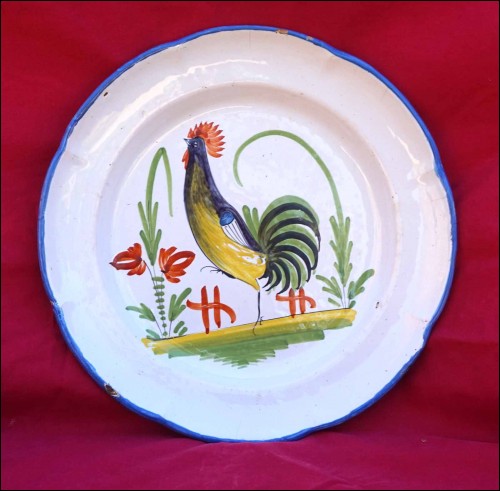 ROOSTER Fence Plate Hand Painted Faience Saint Clement Early 20th C