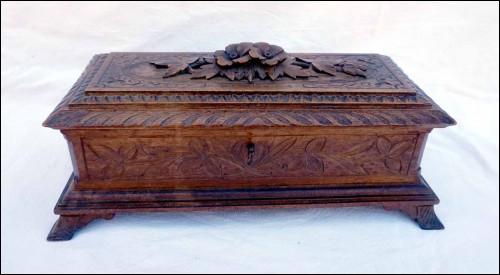 Blackforest Carved Wood Letter Jewel Trinket Box Blue Pad Key Lock 1900