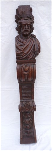 Renaissance Revival Old Man Hand Carved Wood Pilaster Early 18th C