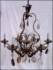 Chandelier 6 Lights Colored Crystal Glass Gilt Metal Ceiling Light Need Repair
