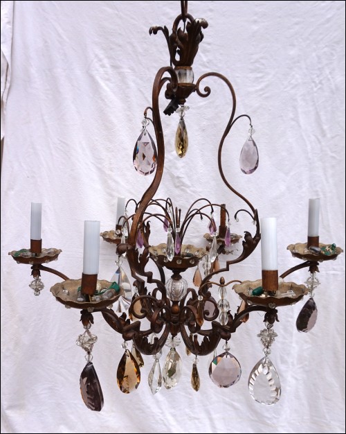 Chandelier 6 Lights Colored Crystal Glass Gilt Metal Ceiling Light Need Repair