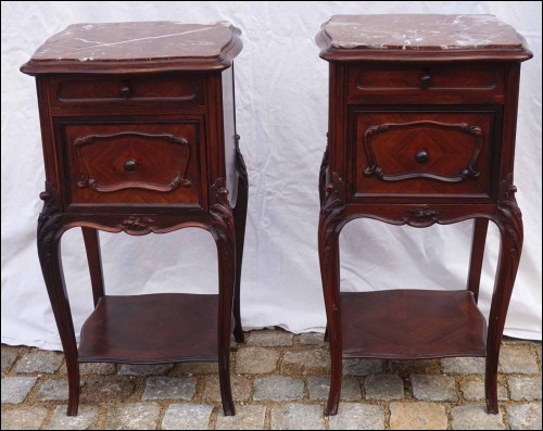 Rosewood Red Marble Top Pair Night Stand Side Table Louis XV style 19th C