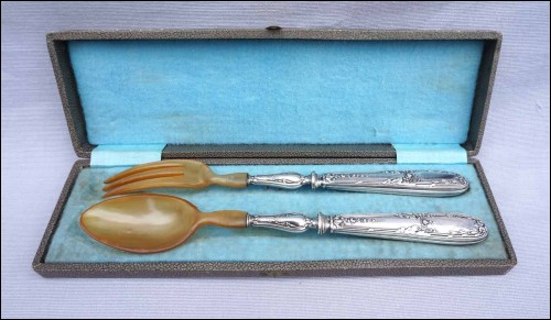 Sterling Silver Horn Salad Serving Set Louis XVI style Boxed 1900's