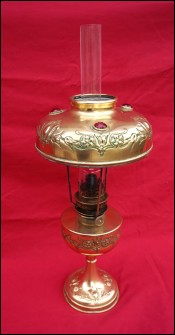 Oil Kerosene Lamp Repousse Brass Red Stone Glass Shade Art Nouveau 1900's