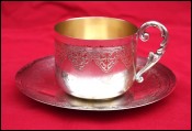 Guilloche Silver Plate Cup and Saucer Vermeil Gilt