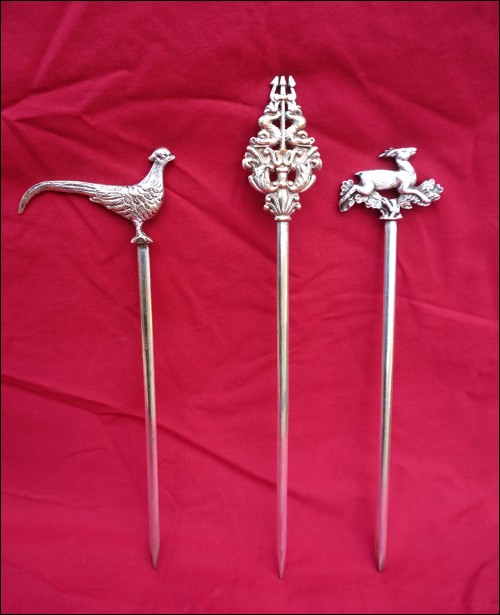 Set of 3 Silver Plate Pheasant Hare Delphins Meat Skewer Brochettes 
