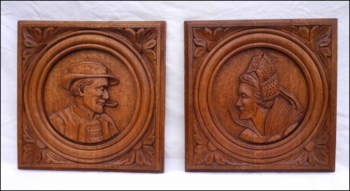 Couple of Breton Quimper Carved Wood Panels Medallion Vintage