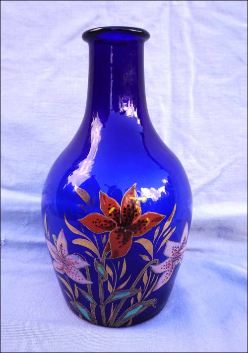 1900-1920 Legras Mont Joye French Art Nouveau Blue Enamel Vase Lilium Lilies