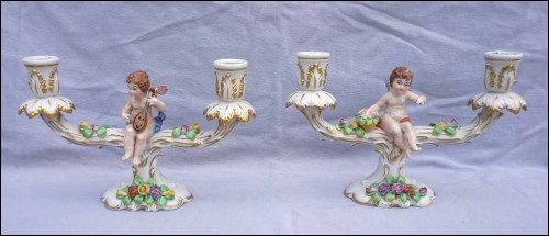 German Porcelain Musician Putti Cherub Pair Candlestick