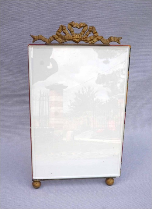 Adjustable Folding Easel Picture Frame Gilt Brass Ribbon Beveled Glass 1910