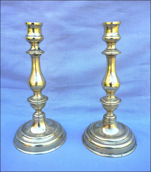 Antique French Pair Candlestick Brass Early 18th Century