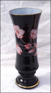 Harrach Bohemian Art Glass Black Enameled Vase Flowers Vintage 1950's