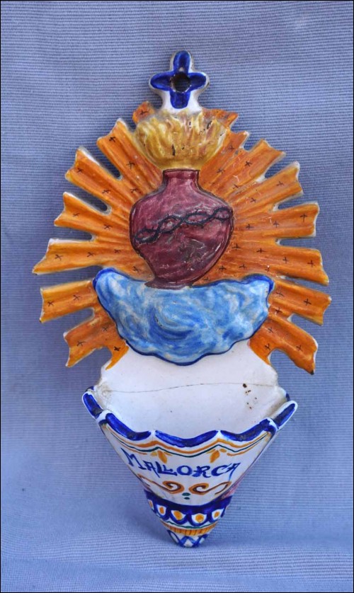 Spain Hand Painted Faience Holy Water Font Mallorca Sacred Heart