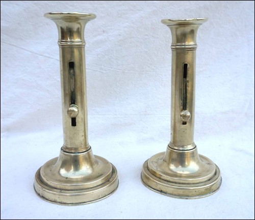 Brass Slide Push Up Candle Holder Candlestick Pair 19th C