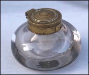 Inkwell Blown Glass Engraved Brass Lid 19th C