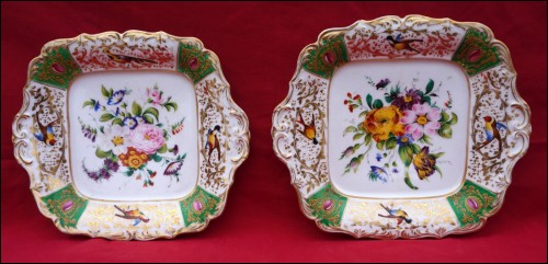 Paris Porcelain Pair Square Dish Gold Hand Painted Flowers Birds Cabochon Sevres Style Early 19th C