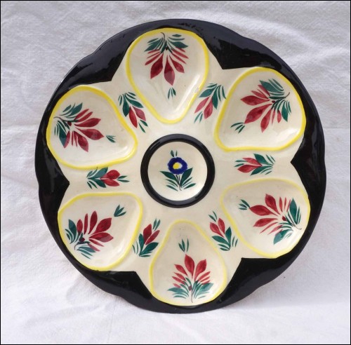 HB QUIMPER Vintage French Hand Painted Faience Oyster Plate Flowers Yellow Black