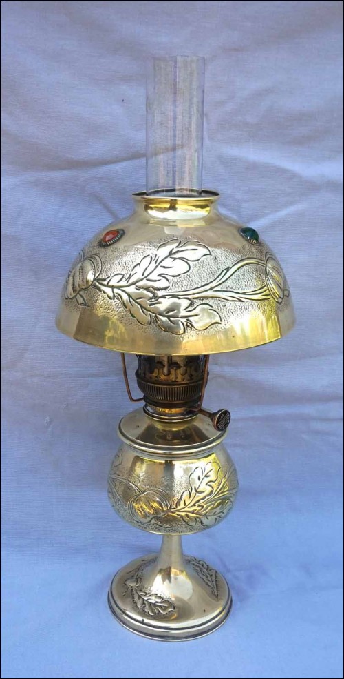 Art Nouveau German Matador Brass Kerosene Oil Lamp Colored Glass Shade 1900