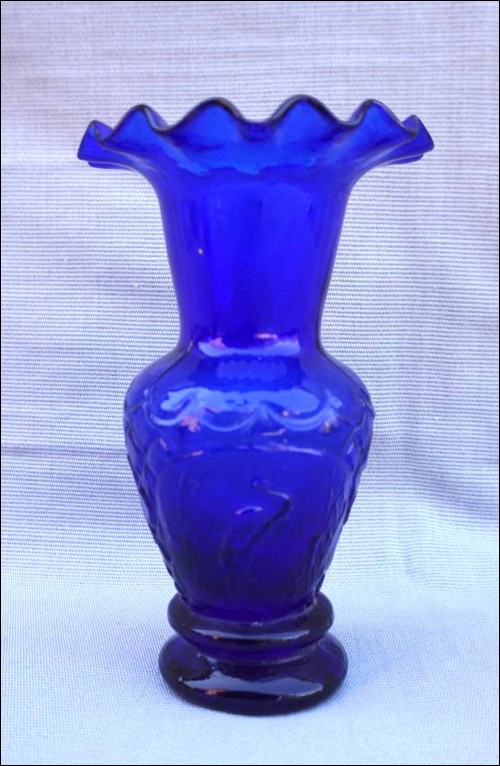 Bristol Cobalt Blue Pressed Glass Crane Scalloped Vase Early 20th C