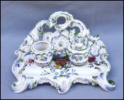 BASSANO Italian Pottery Inkwell Set Louis XV Style Hand Painted Majolica Signed