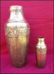 German Hammered Brass Vases Set Laurel Medallion G B Nurnburg 1910