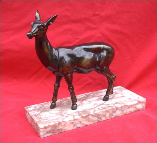 Art Deco Spelter Hind Deer Statue Marble Base 1930