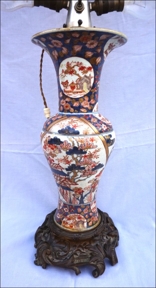 Imari Japanese Large Porcelain Vase Lamp Engraved Bronze Base Meiji Period 19th C